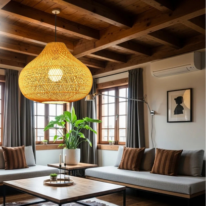 Contemporary woven rattan pendant light for a clean, stylish, and sophisticated ceiling design.