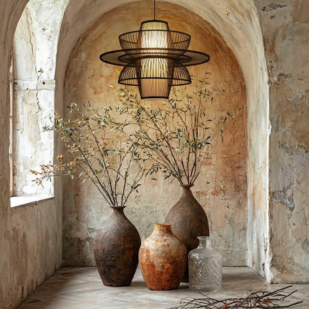 Contemporary Zen-style bamboo chandelier featuring a unique modern geometric shape
