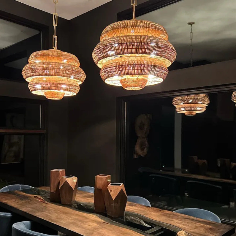 Aesthetic earthy bedside drum pendant filtering soft, meditative lighting to set a peaceful and relaxing bedroom atmosphere.