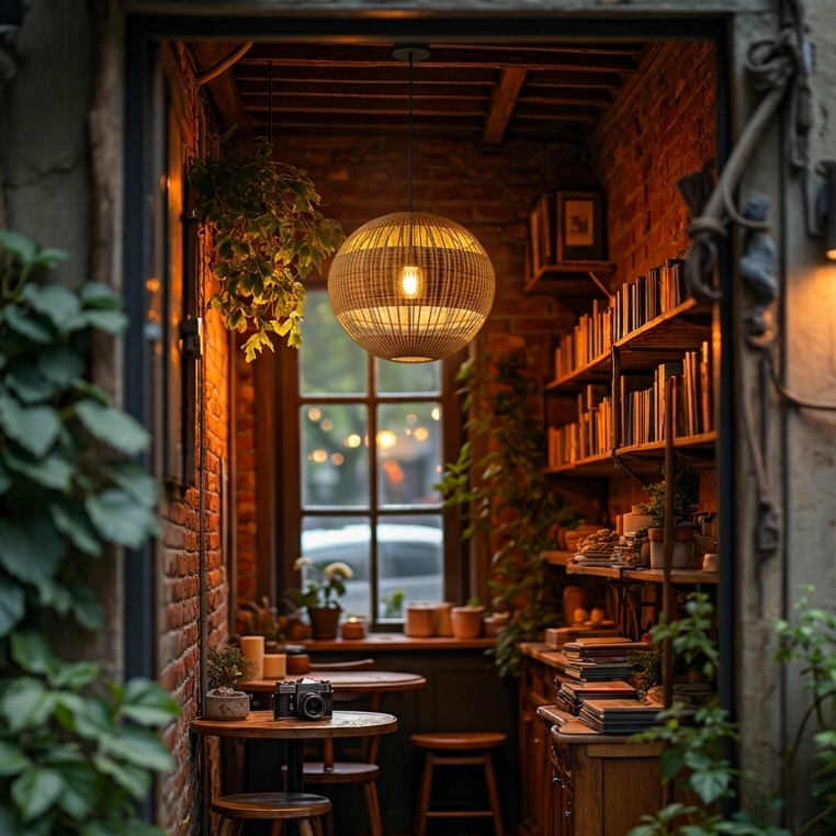 Decorative bamboo light creating an inviting and warm ambiance for a trendy, rustic for Coffe House and reading nook