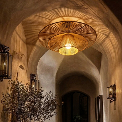 Cozy hemp lamp for the bedroom, creating soft, warm ambient ceiling lighting for relaxation.