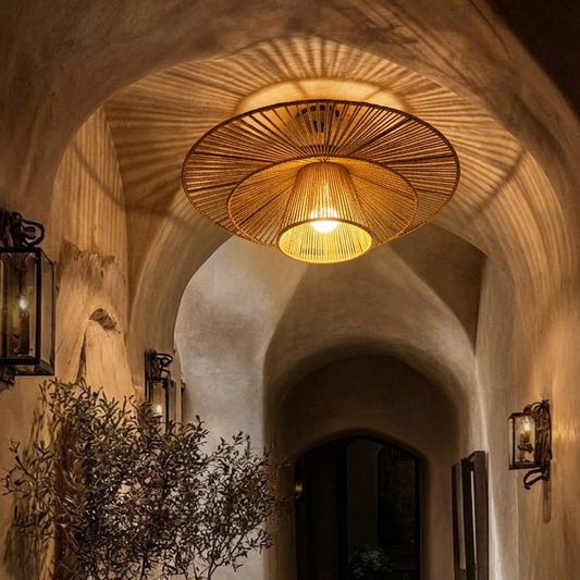 Cozy hemp lamp for the bedroom, creating soft, warm ambient ceiling lighting for relaxation.