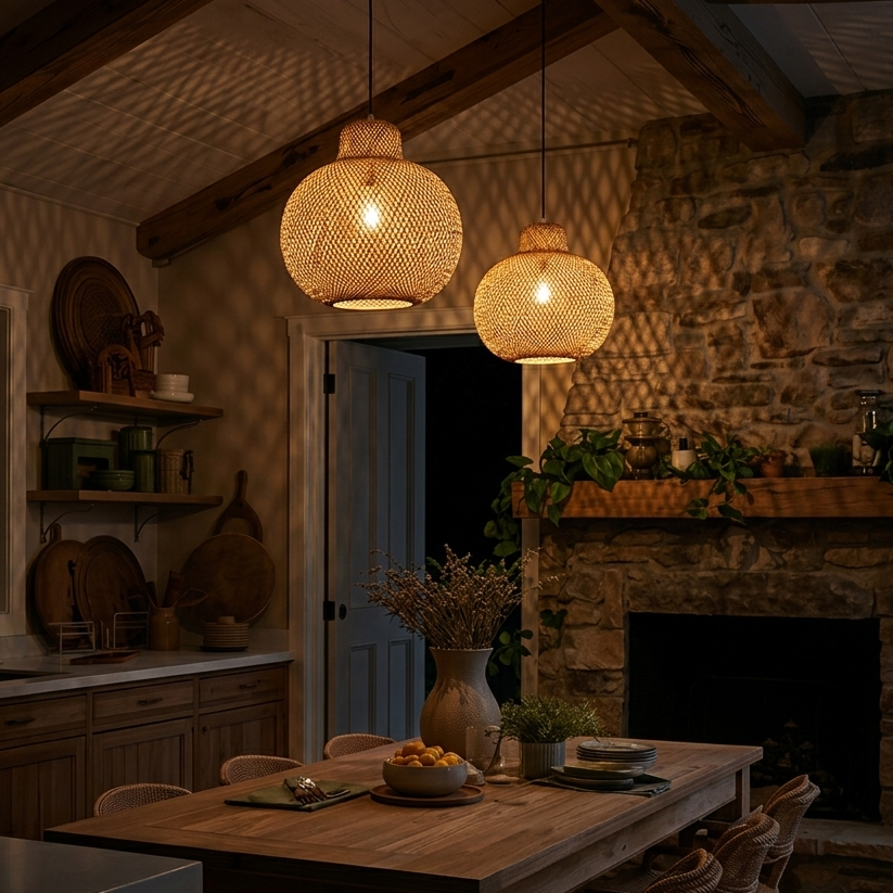 Elegant quiet luxury lighting, artisanal bamboo lamp for cozy home atmosphere, sphere design.