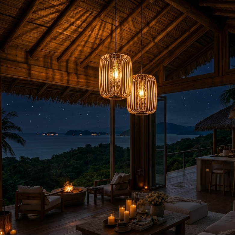 Elegant quiet luxury lighting, artisanal bamboo lamp for cozy home atmosphere.