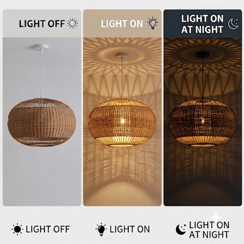 Elegant quiet luxury lighting, artisanal rattan lamp for cozy home atmosphere.
