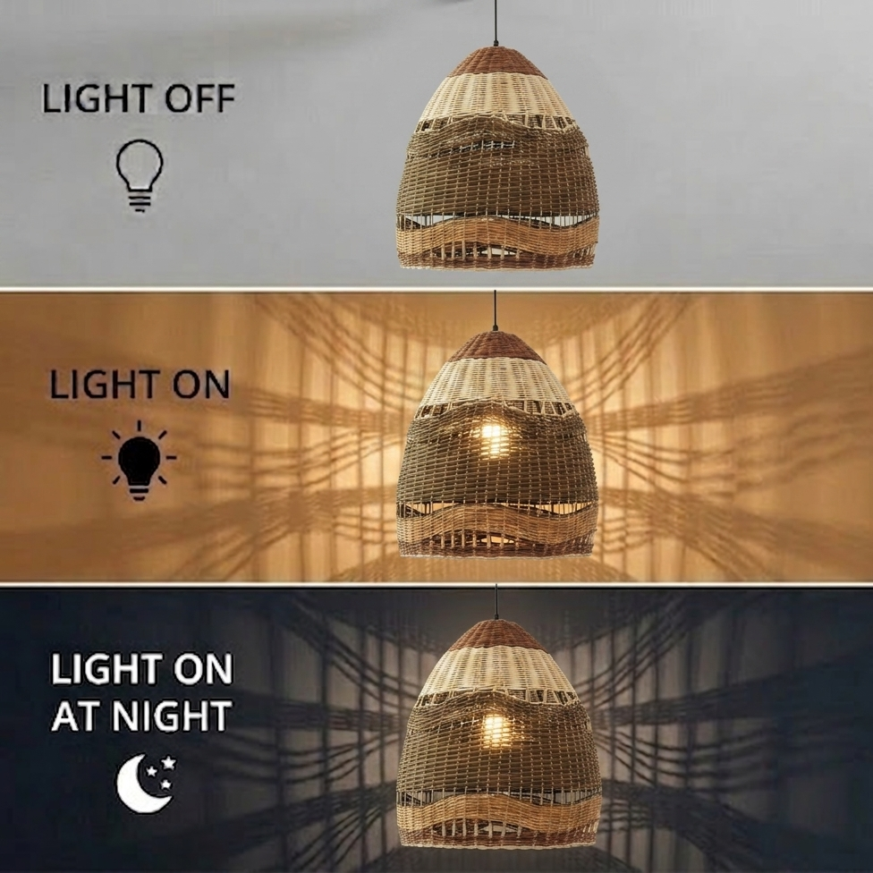 A Cozy Home Wicker dome pendant light, creating inviting warmth and a soft, comfortable atmosphere.