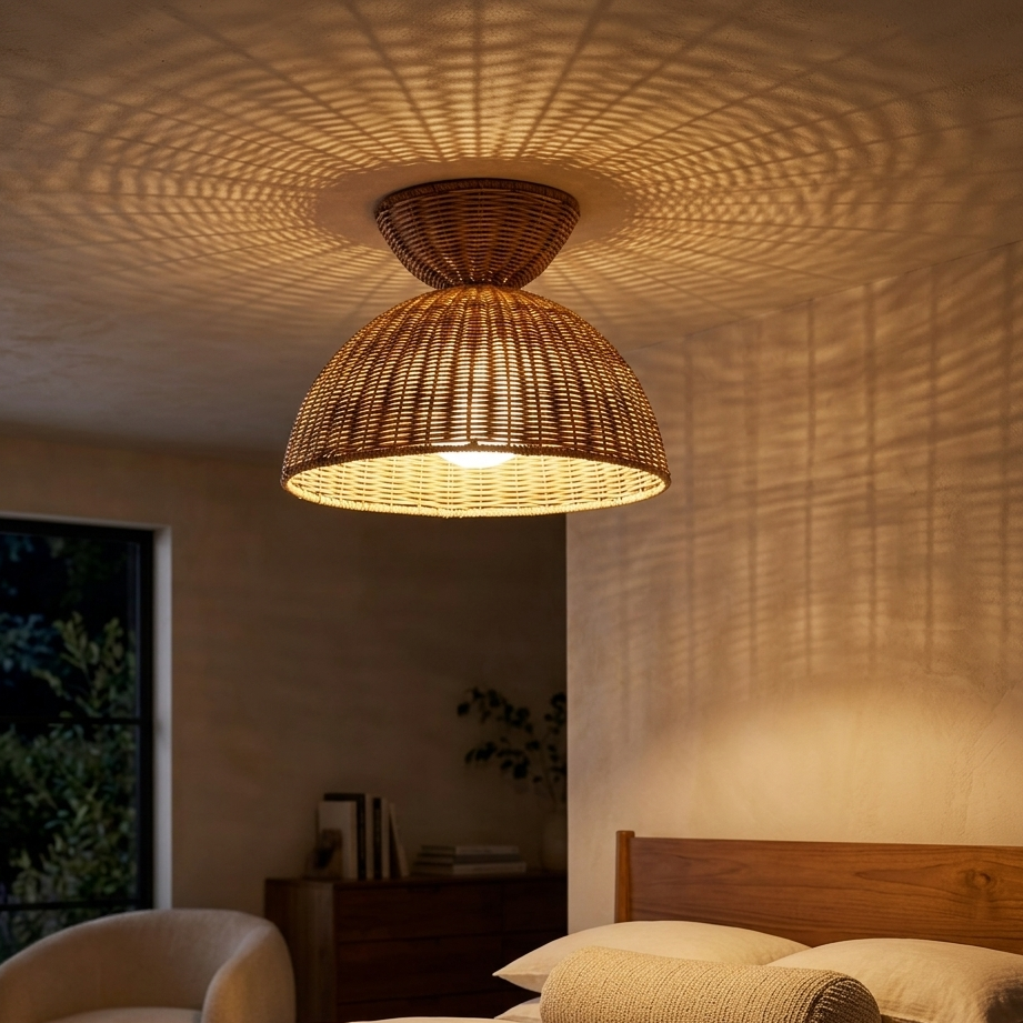 Cozy rattan dome light for a serene and organic bedroom atmosphere