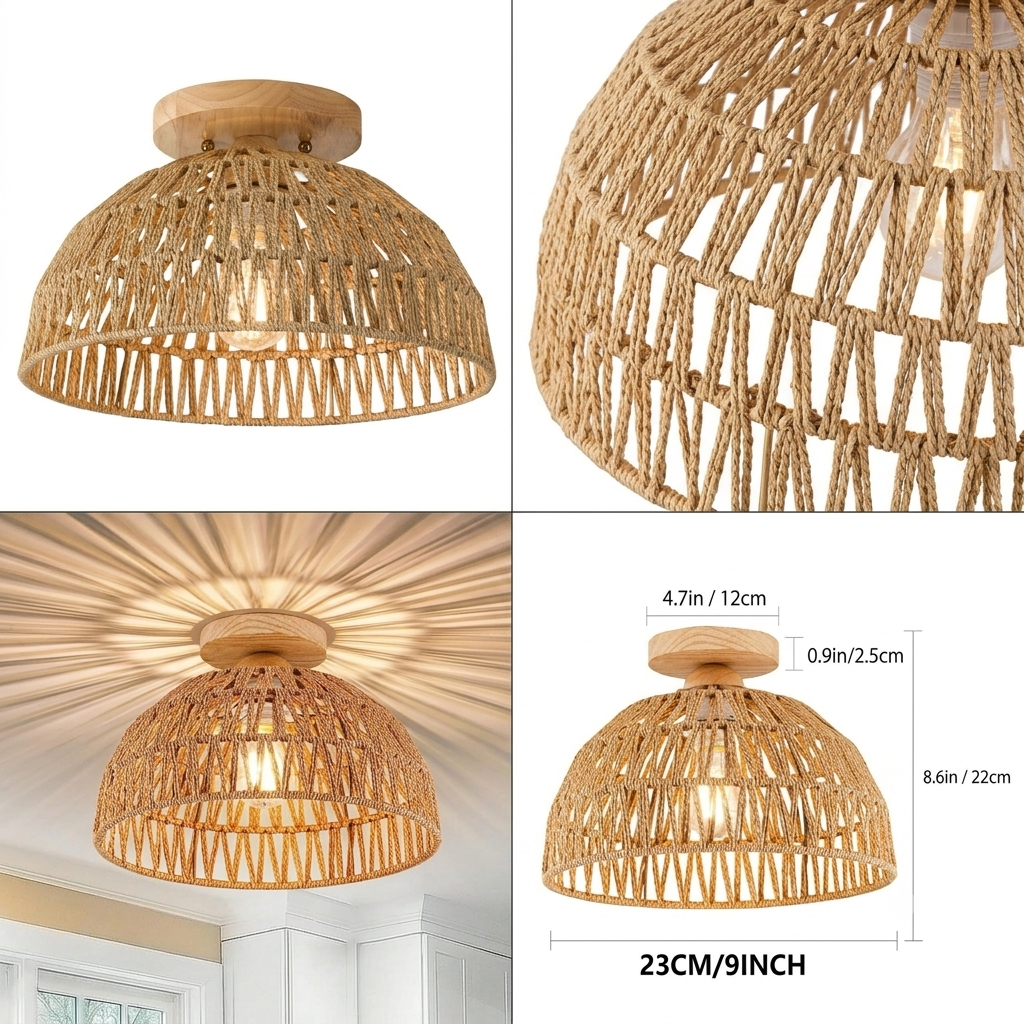 Modern natural rattan rope ceiling light illuminating a stylish bar counter in a luxury resort.