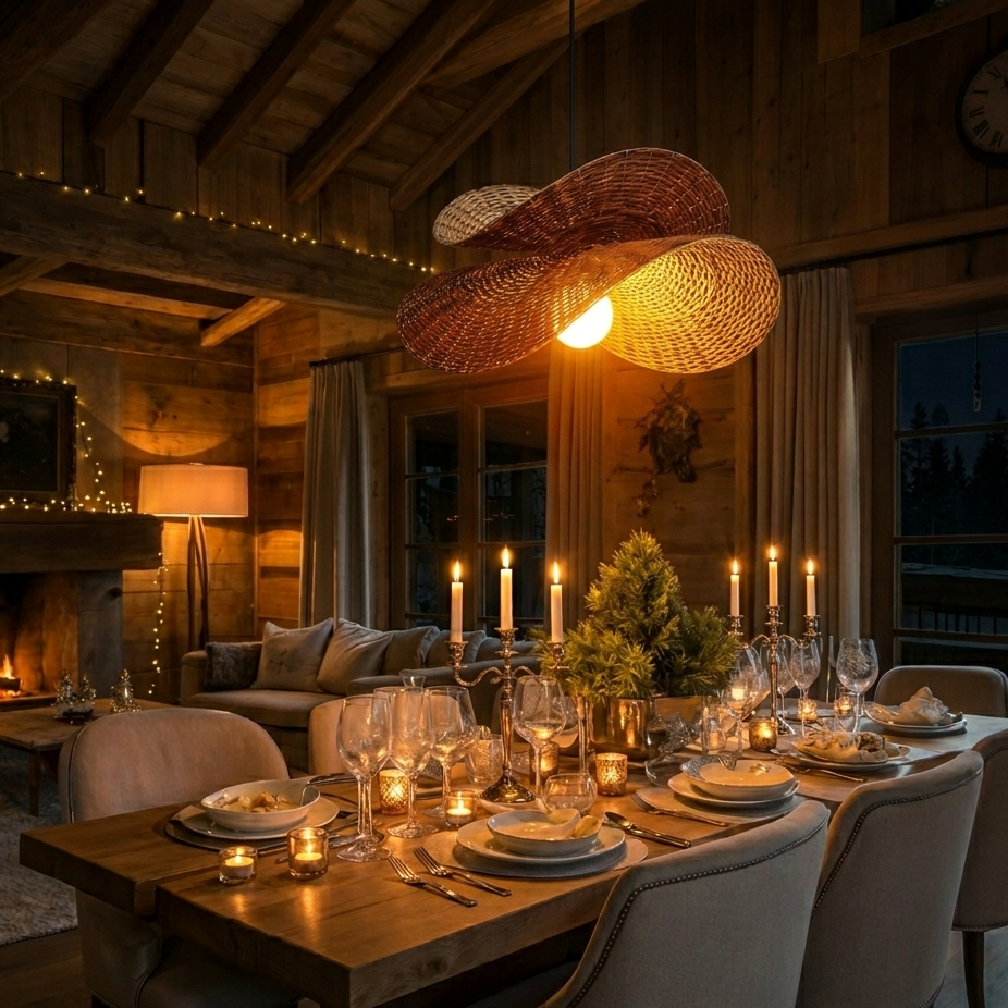 Cozy rattan wave lamp for the bedroom, creating soft and warm ambient ceiling lighting.