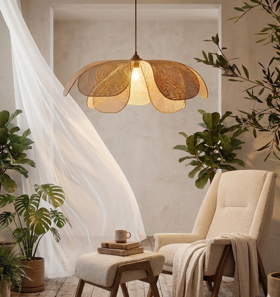 Elegant bedroom wicker blossom chandelier styled beside a wooden stool ottoman with old books, a ceramic mug, and a soft blanket drape.