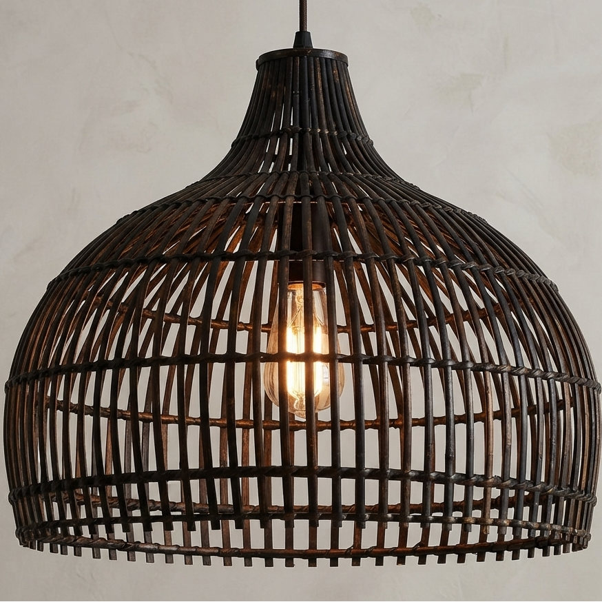 Artisan-crafted dome ceiling lamp made from durable, organic rattan fibers.