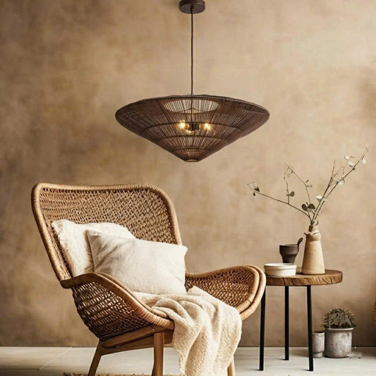 A wide handwoven natural rattan saucer pendant light