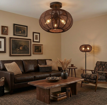 Elegant Dark Brown woven rope ceiling light enhancing the modern aesthetic of a living room.