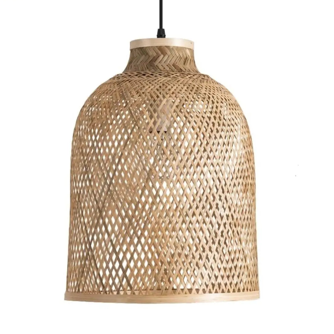 Decorative bamboo cage ceiling fixture emphasizing detailed woven fiber craftsmanship and style.