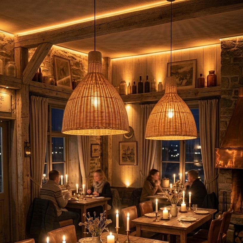 Decorative bamboo lamp adding a warm, rustic touch to restaurant decor.