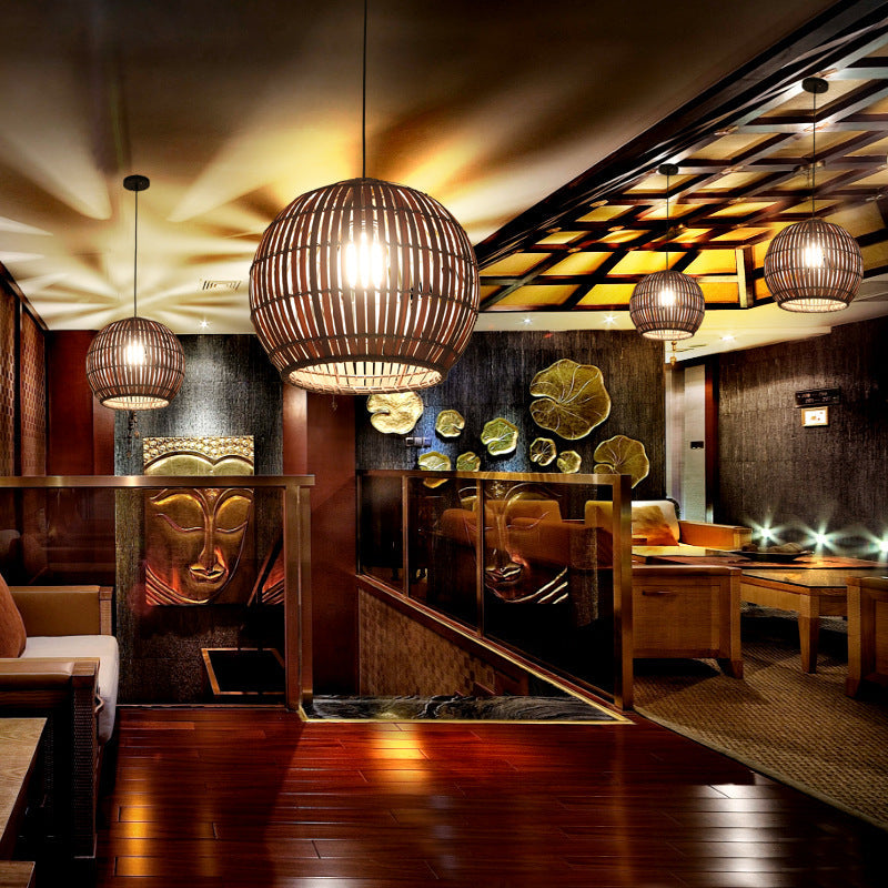 Decorative bamboo pendant light fixture creating a rustic ambiance for cafe interiors