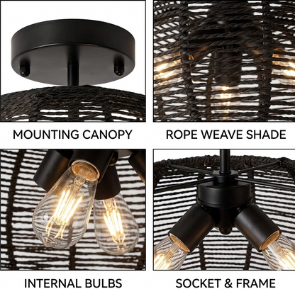 Decorative black rope mesh ceiling light emphasizing detailed woven fiber craftsmanship.