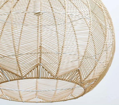 Hanging bohemian rattan ceiling lamp with intricate weave pattern