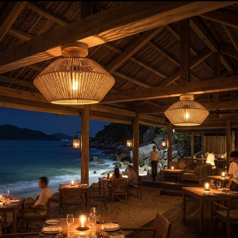 Decorative jute light creating an inviting and warm ambiance for a trendy restaurant setting.