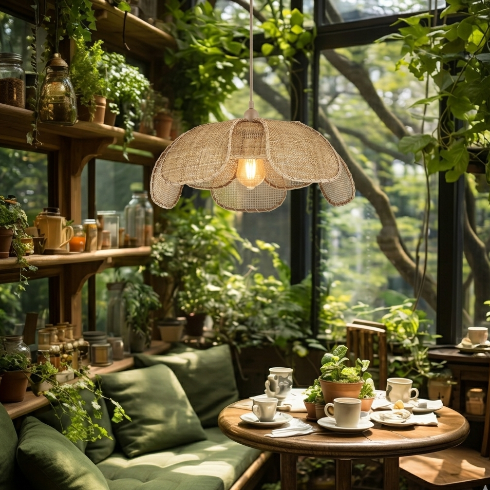 Decorative rattan ceiling lamp adding a trendy, rustic touch to a commercial coffe and restaurant space.