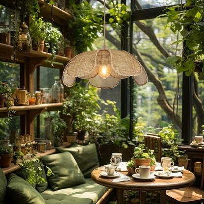 Decorative rattan ceiling lamp adding a trendy, rustic touch to a commercial coffe and restaurant space.