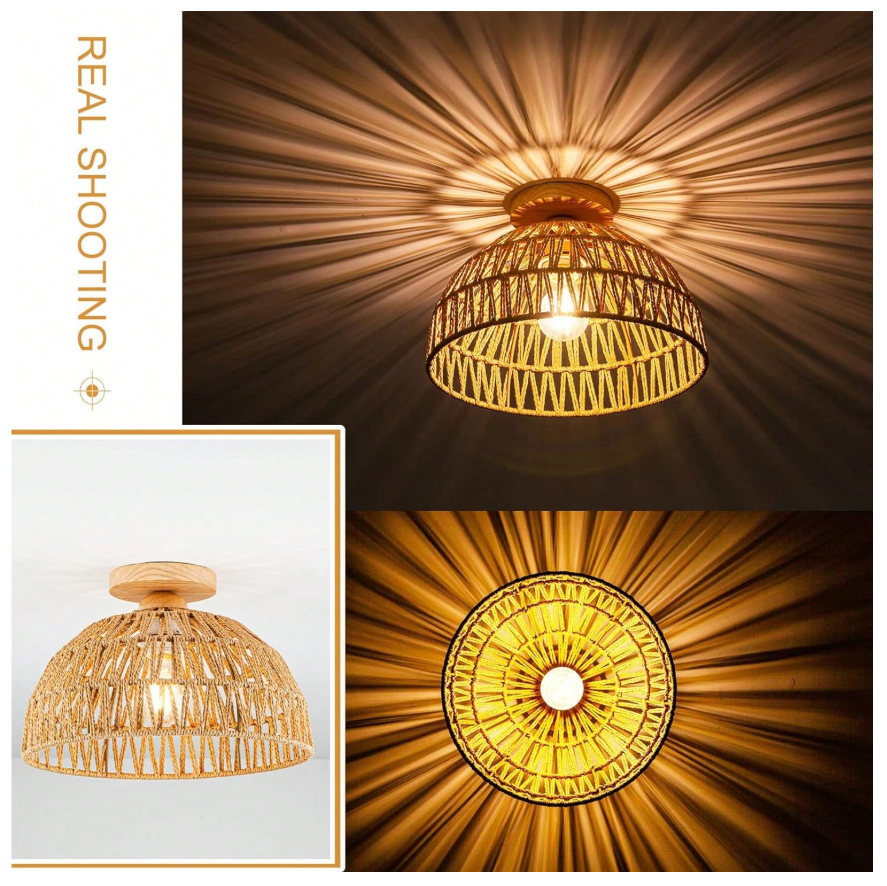 Decorative rattan rope ceiling light emphasizing detailed handmade craftsmanship and sustainable aesthetics.