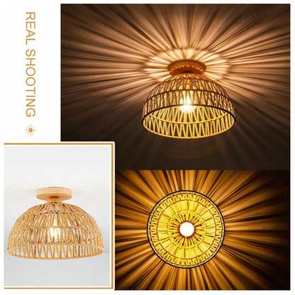 Decorative rattan rope ceiling light emphasizing detailed handmade craftsmanship and sustainable aesthetics.