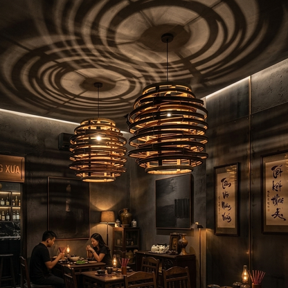 Decorative rattan spiral light, a stylish commercial fixture for a trendy restaurant ambiance.