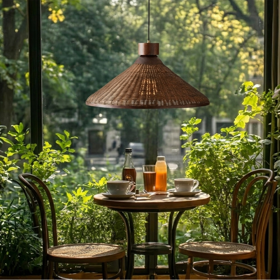 Decorative rattan and wood ceiling lamp adding a trendy, rustic touch to a commercial restaurant space.