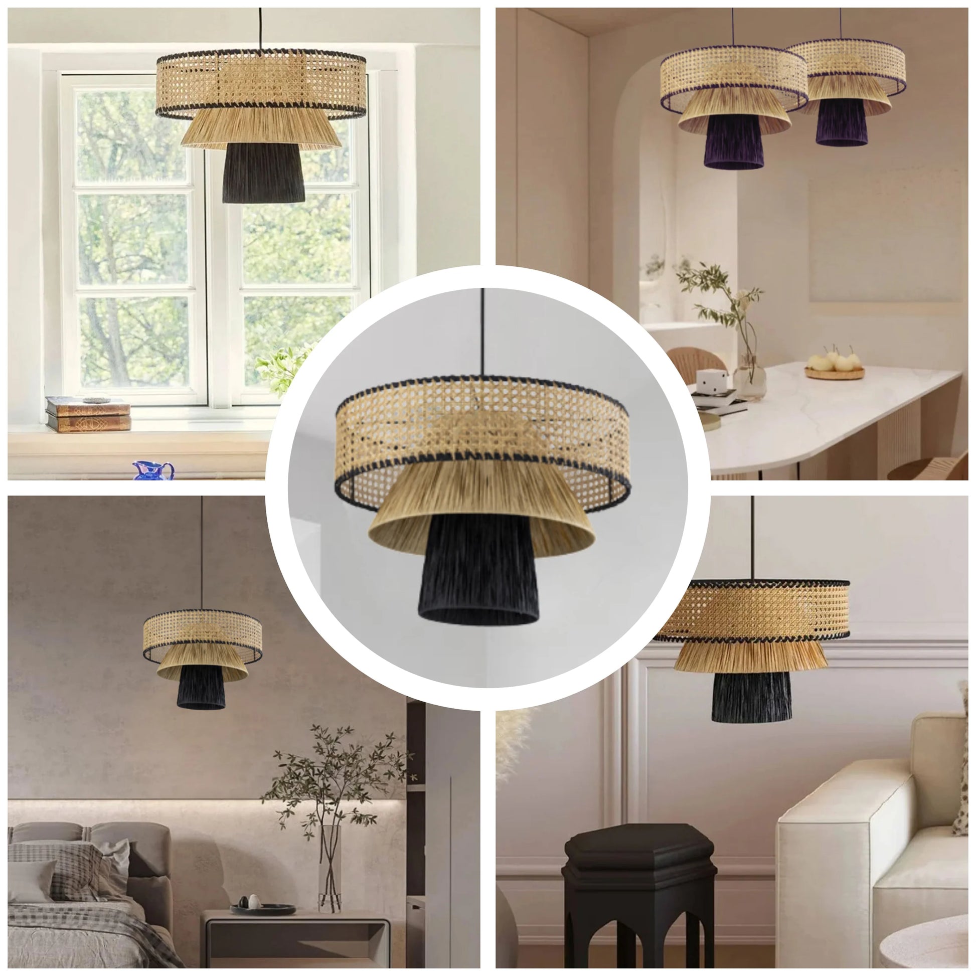 Decorative rattan and fabric tiered pendant light design