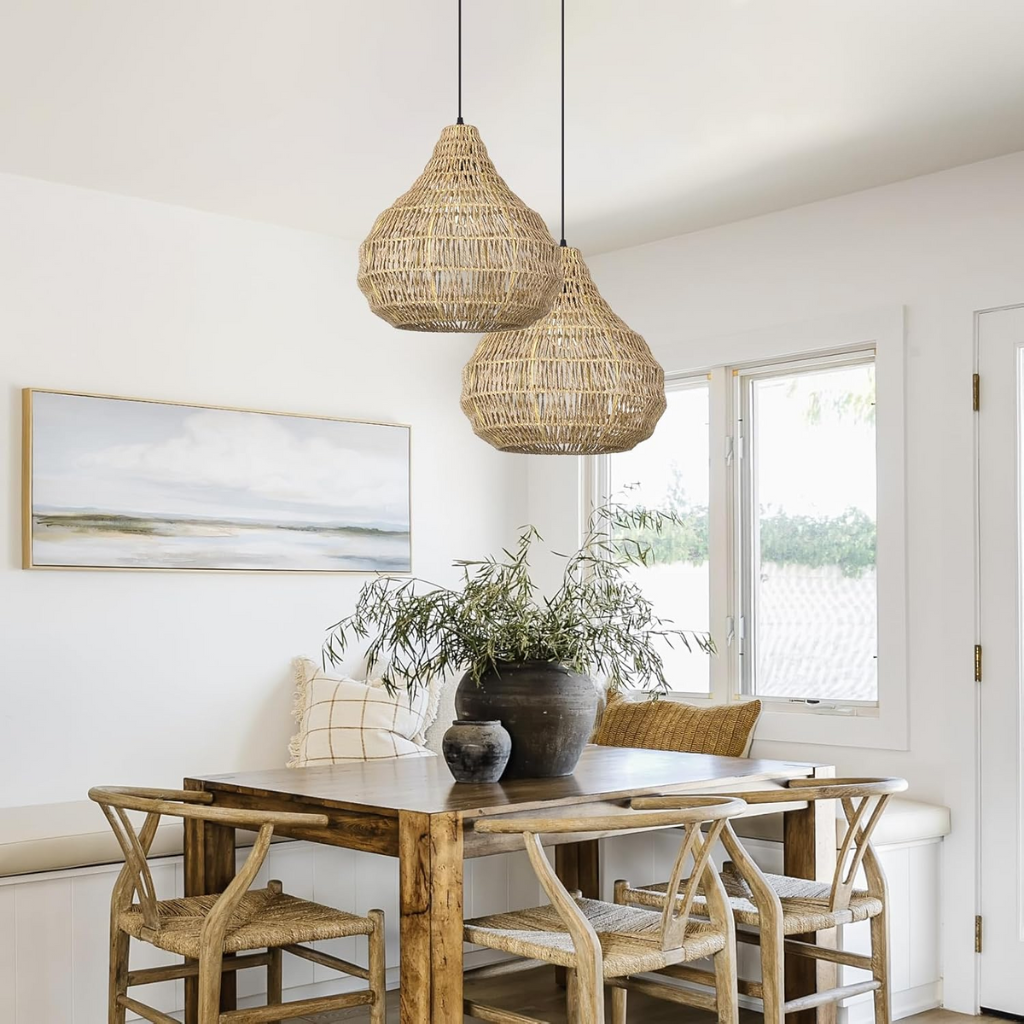 Decorative woven pendant light fixture creating a cozy focal point in dining areas