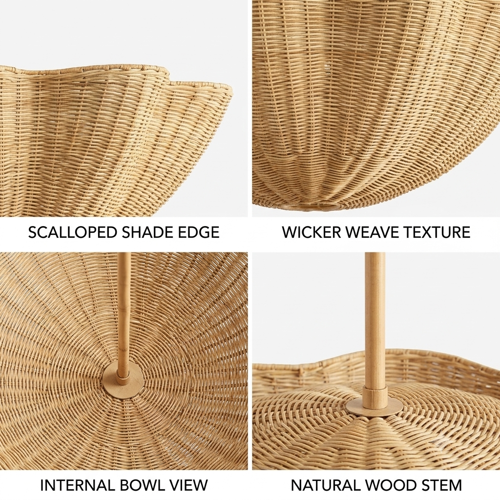 Ethically sourced drop light made of sustainable rattan, bringing purity to a bedroom design.