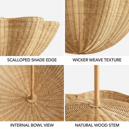 Ethically sourced drop light made of sustainable rattan, bringing purity to a bedroom design.