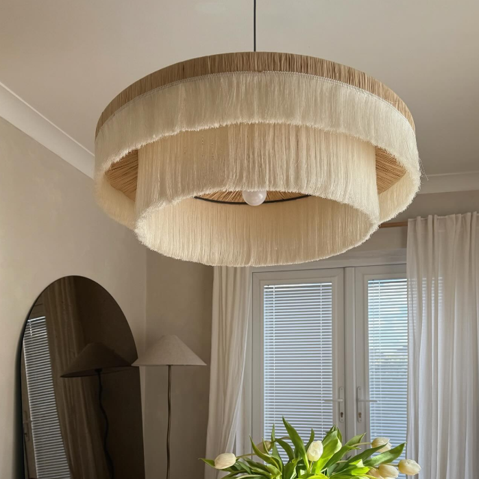 Drop light in minimalist style, crafted from Raffia, perfect for clean, sleek interior design aesthetics.