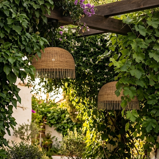 Woven rattan drop light, ideal for a luxury vacation villa resort setting.