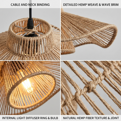 Earth-friendly hemp fiber hanging shade, a handwoven decorative light fixture.