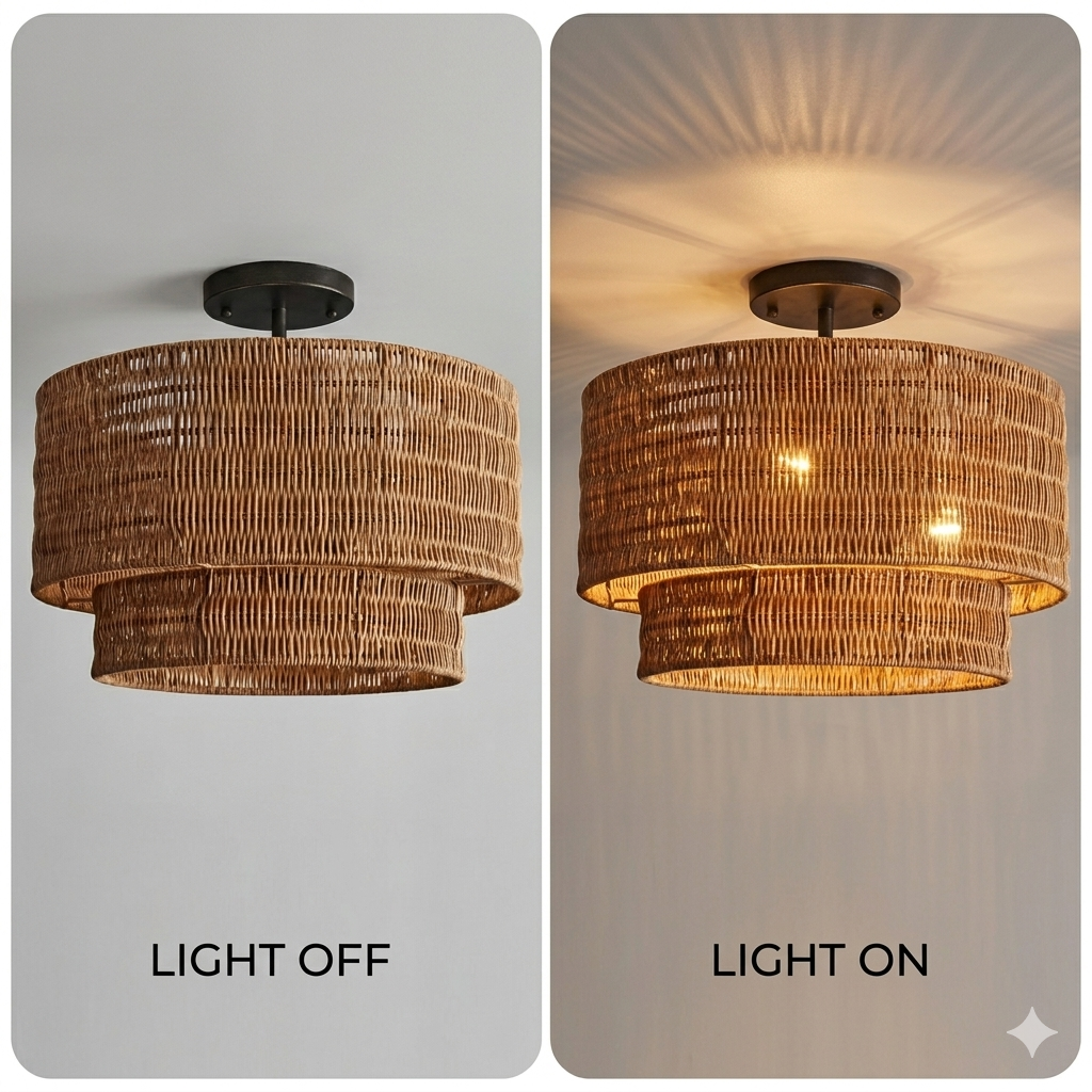 Earth-friendly rattan layered hanging light, a handwoven decorative fixture designed for home wellness.