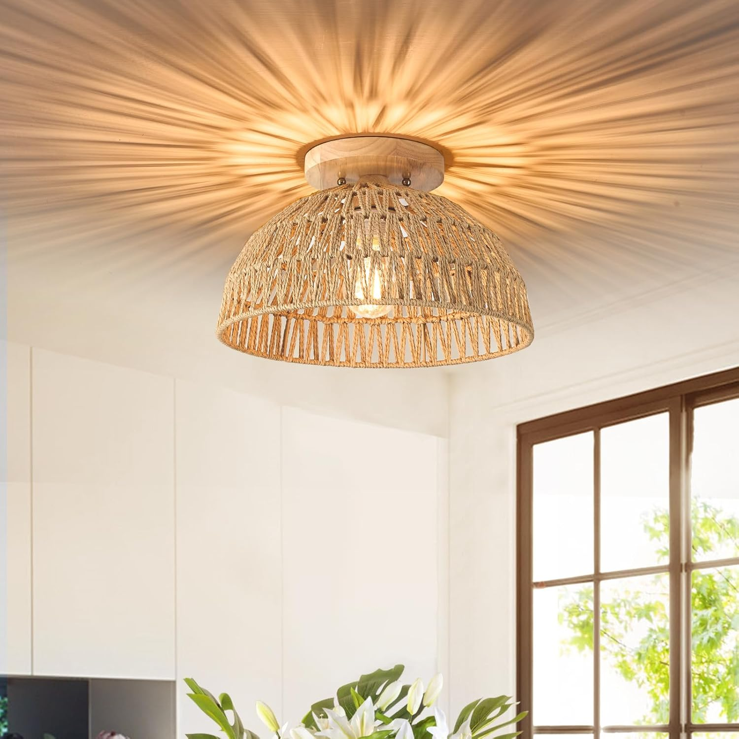 Earth-friendly rattan rope ceiling lamp, a handwoven decorative fixture designed for home wellness.