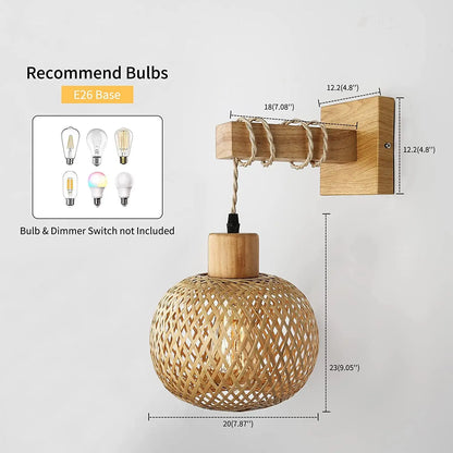 Wooden wall sconce with rattan shade and measurements on a light gray background