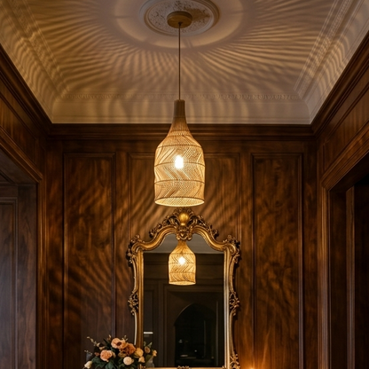 Welcoming earthy bamboo pendant light illuminating a stylish home entryway,Lobby or foyer entrance.