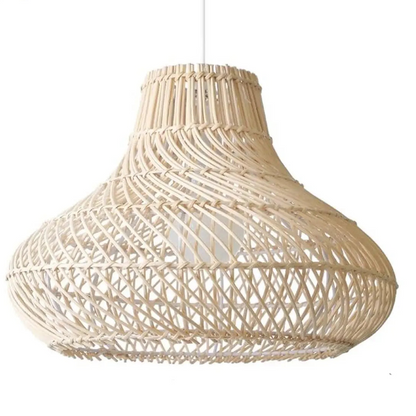 Earthy hand-knitted bamboo hanging lamp with a rustic wicker weave and bell shape.