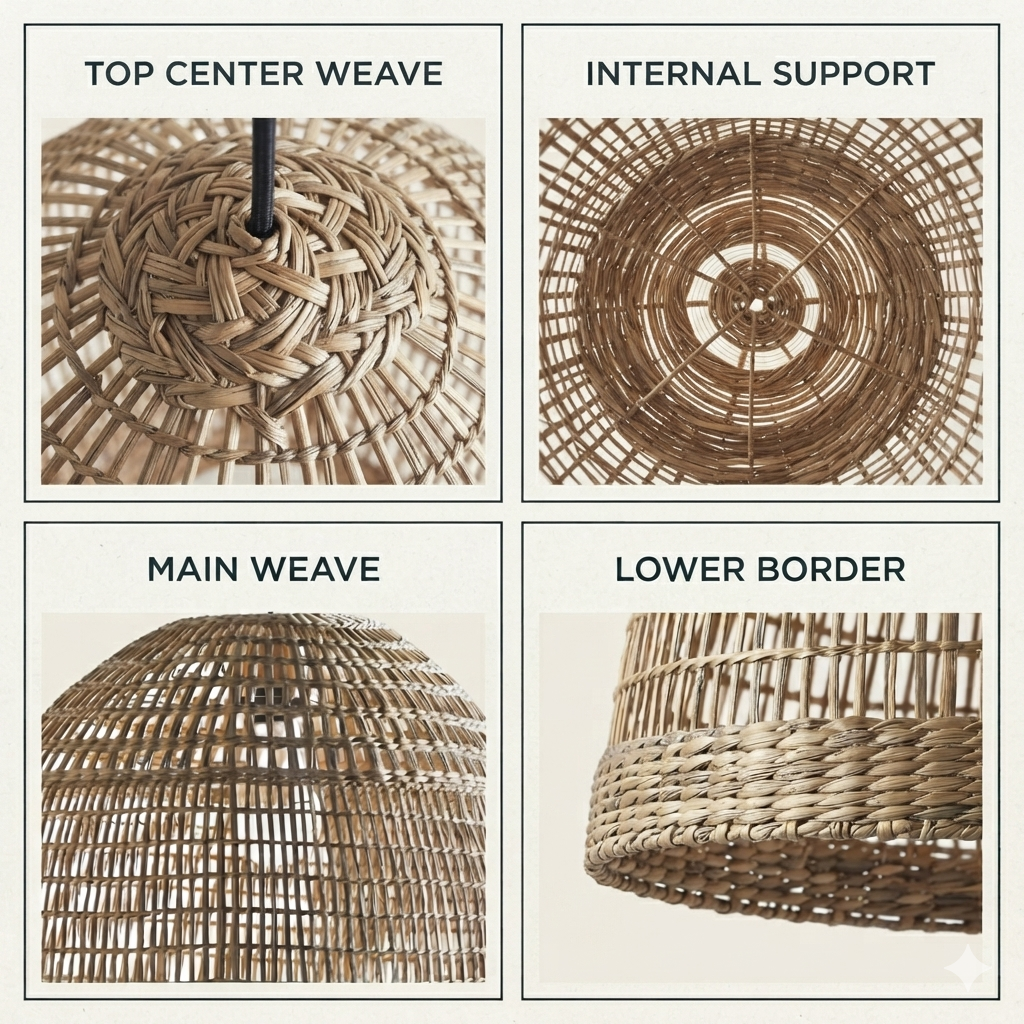 Earthy hand-knitted grass pendant light with a rustic wicker ceiling shade structure.