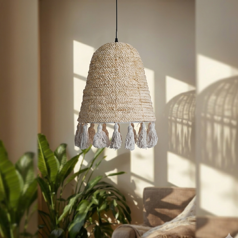 Earthy hand-woven hyacinth fiber hanging lamp with a rustic texture and fringe tassel detail.