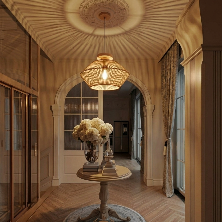 Welcoming earthy jute flush mount light illuminating a stylish home entryway or foyer.