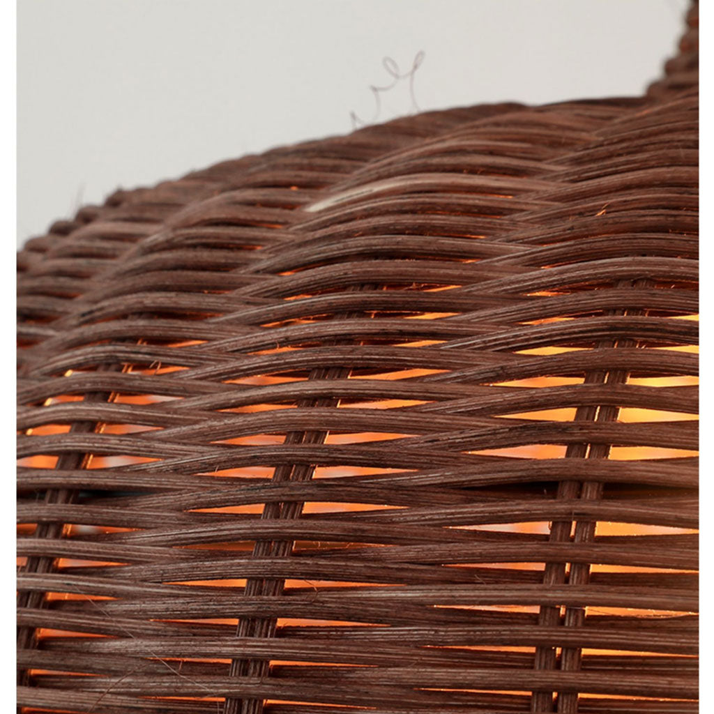 Earthy natural rattan mesh basket light highlighting its thick, rich dark espresso-toned wood neck collar and durable organic fibers.