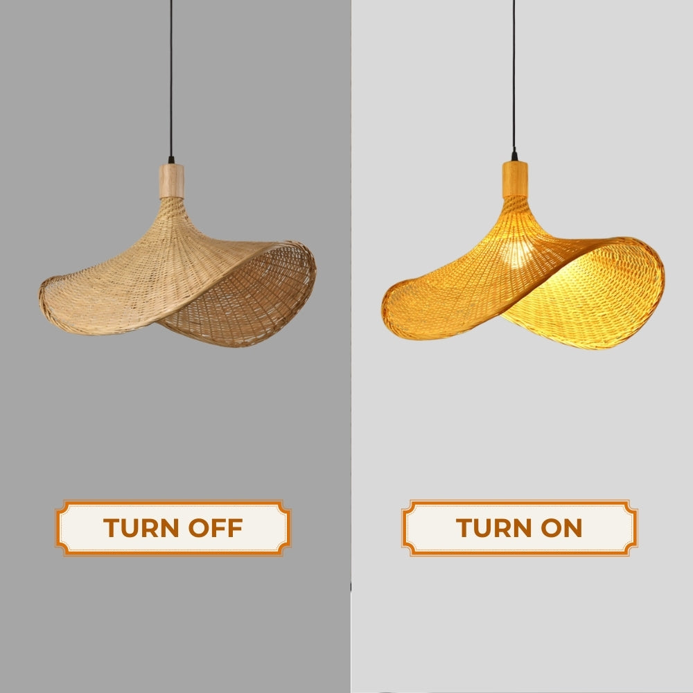Premium woven cane sun hat lamp highlighting the lightweight, breathable grid structure that diffuses glare-free light.