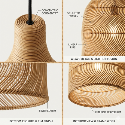 Eco-chic hand-wrapped bamboo pendant, a sophisticated minimalist accent for sustainable interior styling.