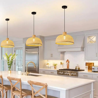 Eco-friendly bamboo kitchen pendant light designed for farmhouse or minimalist kitchen styles.
