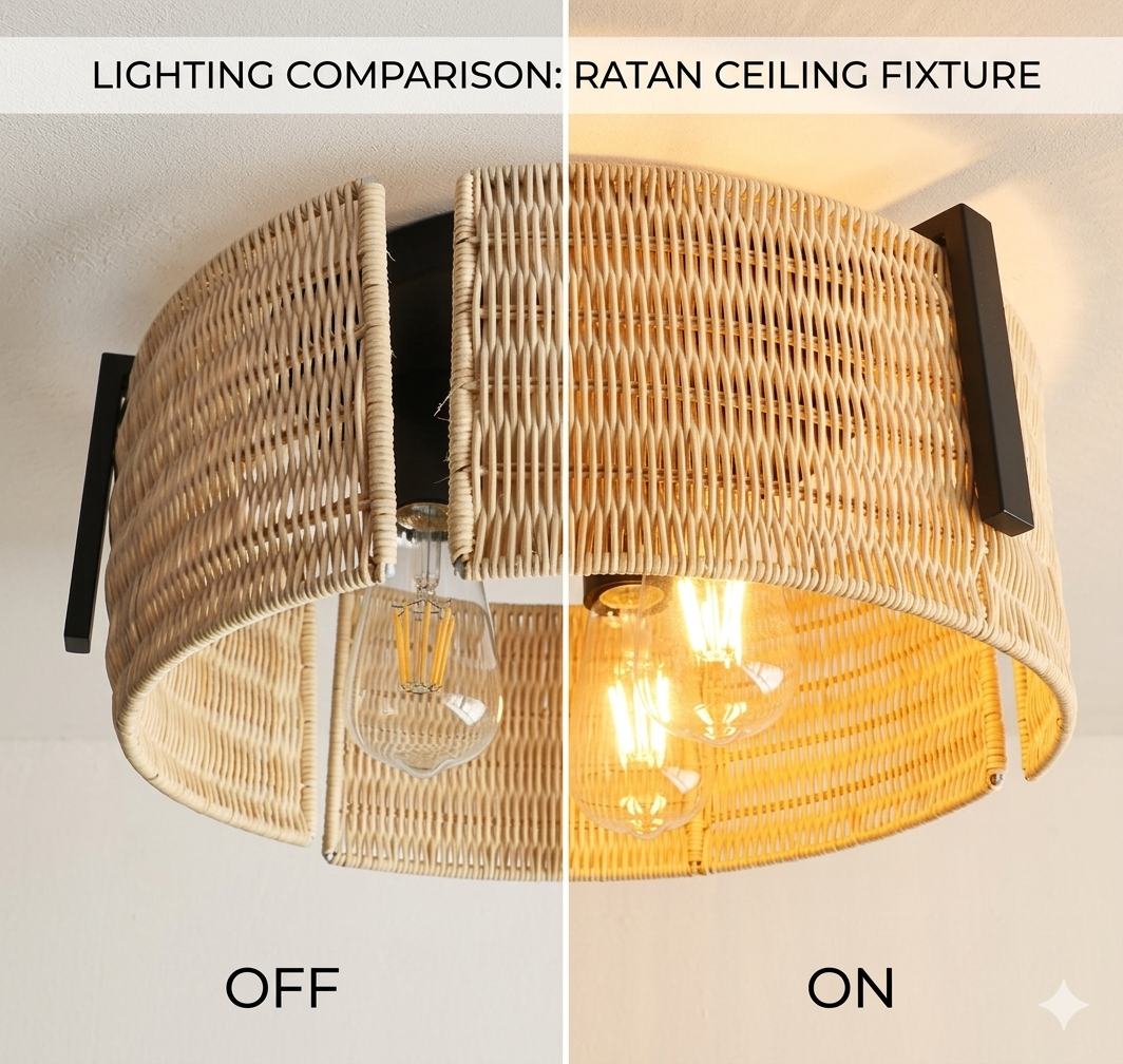 Eco-friendly natural rattan ceiling lamp designed as a biodegradable and stylish accent for sustainable living.
