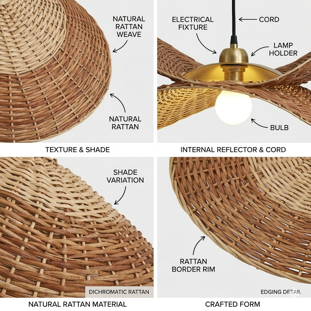 Eco-friendly natural rattan ceiling lamp designed as a biodegradable and stylish accent for mindful living.